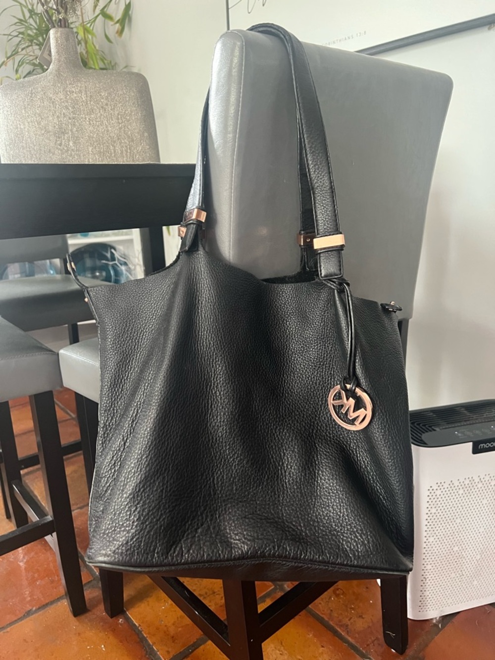 Michael Kors Black Leather Tote with Gold-Tone MK Charm